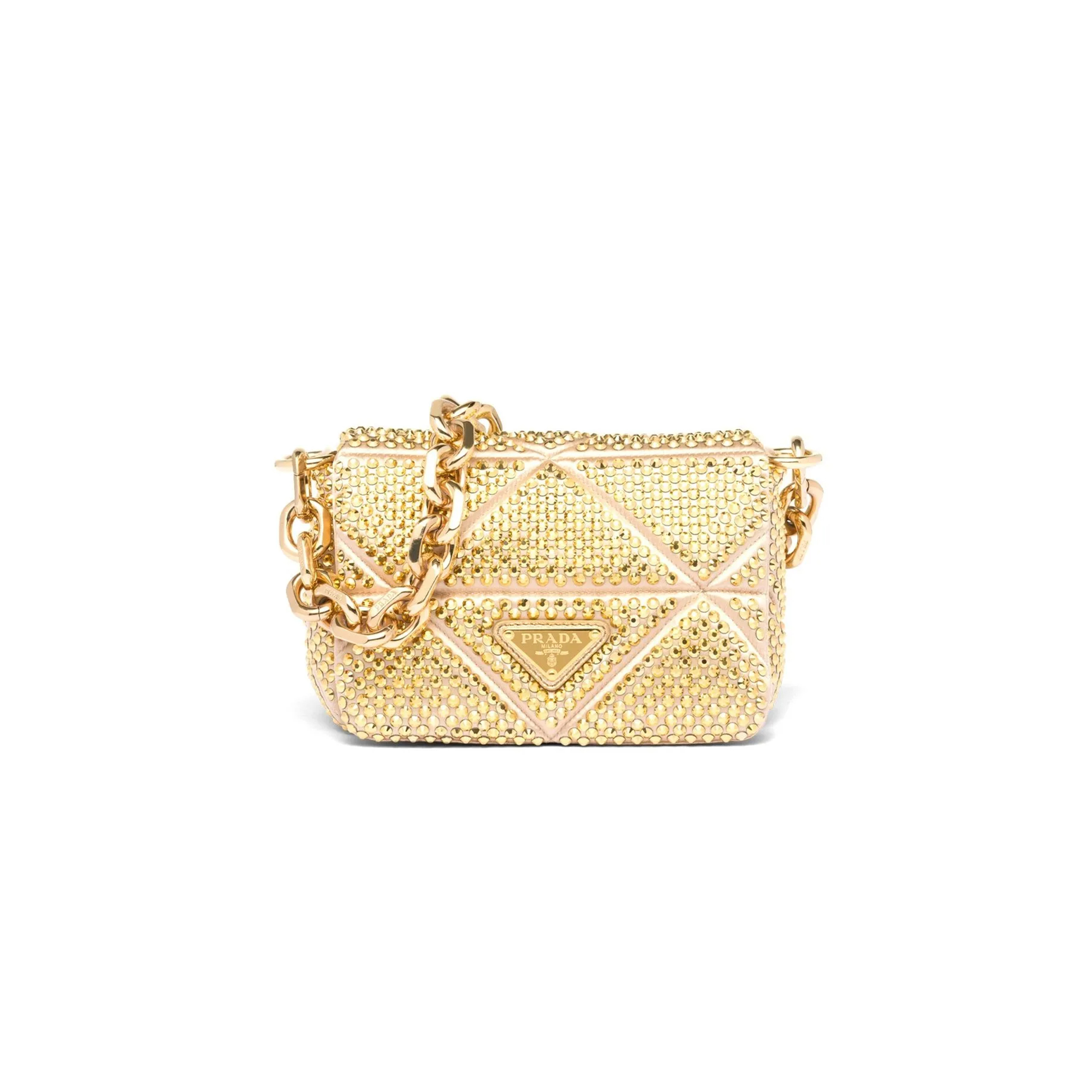 PRADA MINI CRYSTAL EMBELLISHED TRIANGLE LOGO SHOULDER BAG IN GOLD 1BD329 (17*11.5*6cm)